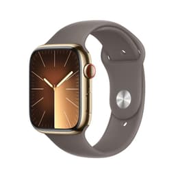 Apple Watch Series 9 (2023) GPS + Cellular 45 mm - Roestvrij staal Goud - Sportbandje Zwart